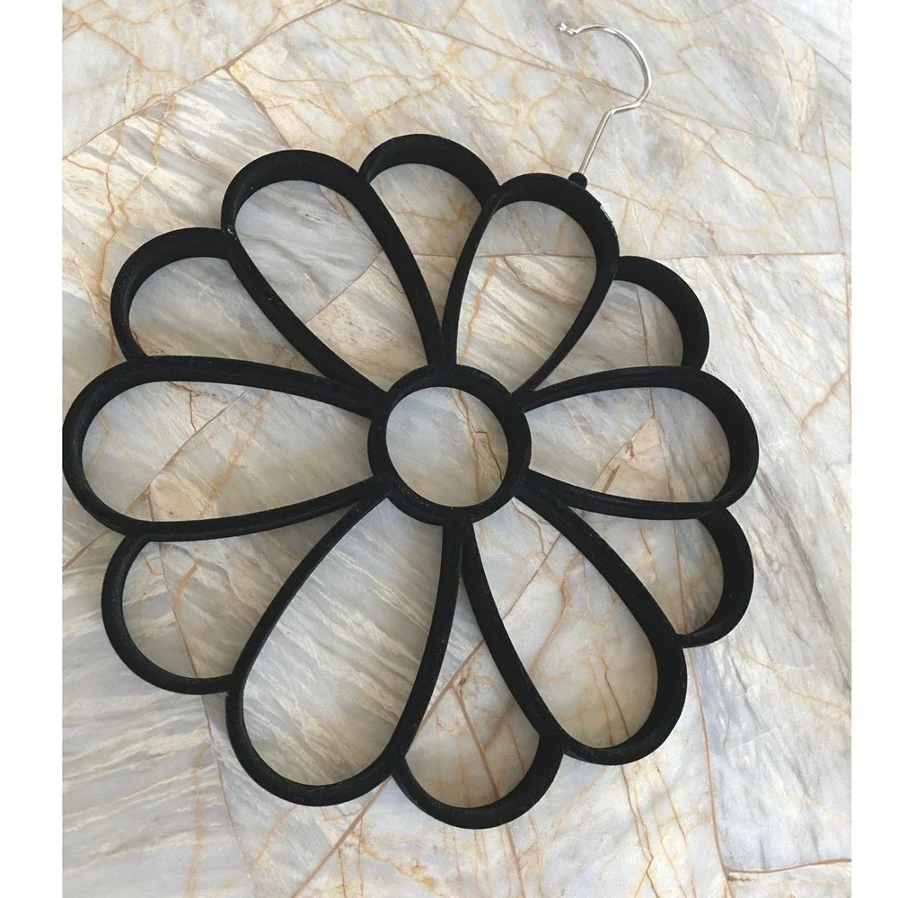 Black Velvet Flocked Flower Scarf Hanger 12 Loop Belt Accessory Organizer
